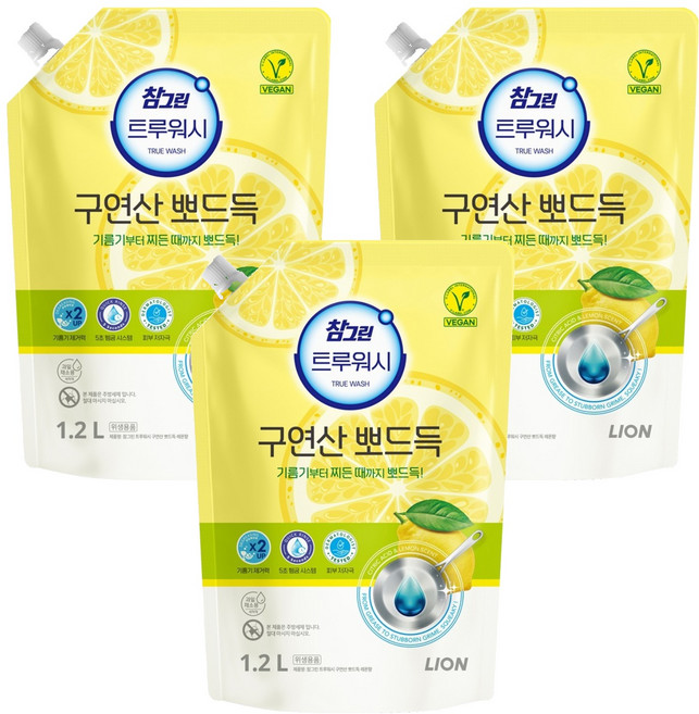 [비건라이프] 참그린 트루워시 구연산 뽀드득 주방세제 레몬향 리필, 1.2L, 3개