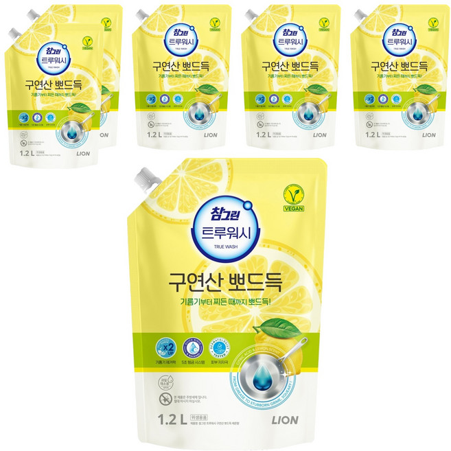 [비건라이프] 참그린 트루워시 구연산 뽀드득 주방세제 레몬향 리필, 1.2L, 6개
