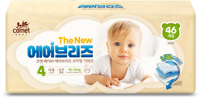 코멧 더 뉴 에어브리즈 코지핏 밴드형 기저귀 남여공용, 46매, 대형(L)