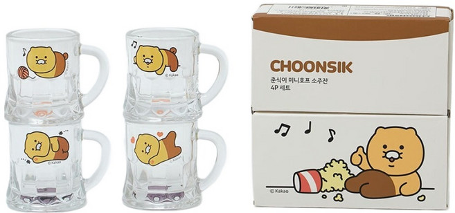 카카오프렌즈 춘식이 미니호프 손잡이 소주잔 4개 세트, 혼합색상, 1세트