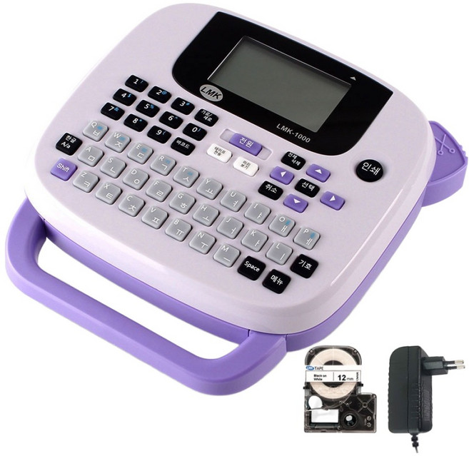 로드메일코리아 휴대용 라벨프린터 + 12MWK 라벨테이프 + 전용 어댑터 세트, LMK-1000(라이트퍼플), 1세트