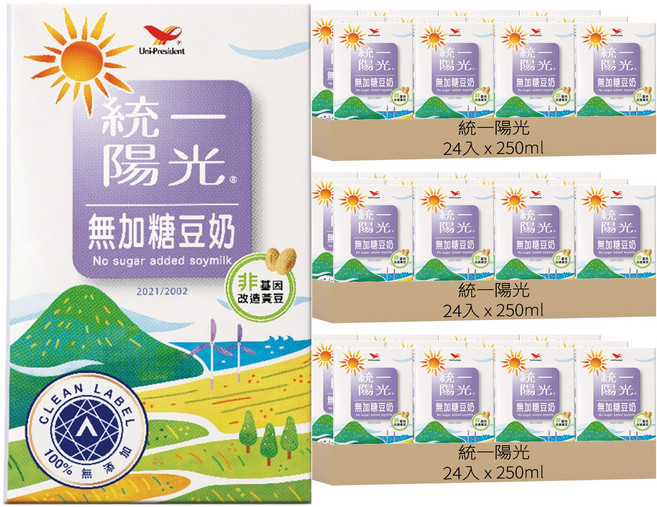 統一陽光 無加糖豆奶, 250ml, 72入