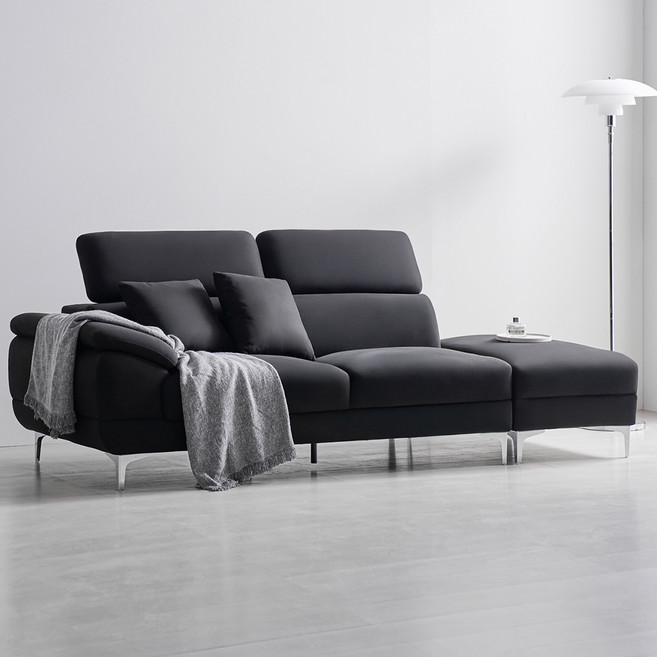 도모디자인 안토니아 패브릭 3인용 우형 소파+쿠션 2p+스툴 세트 방문설치, 블랙