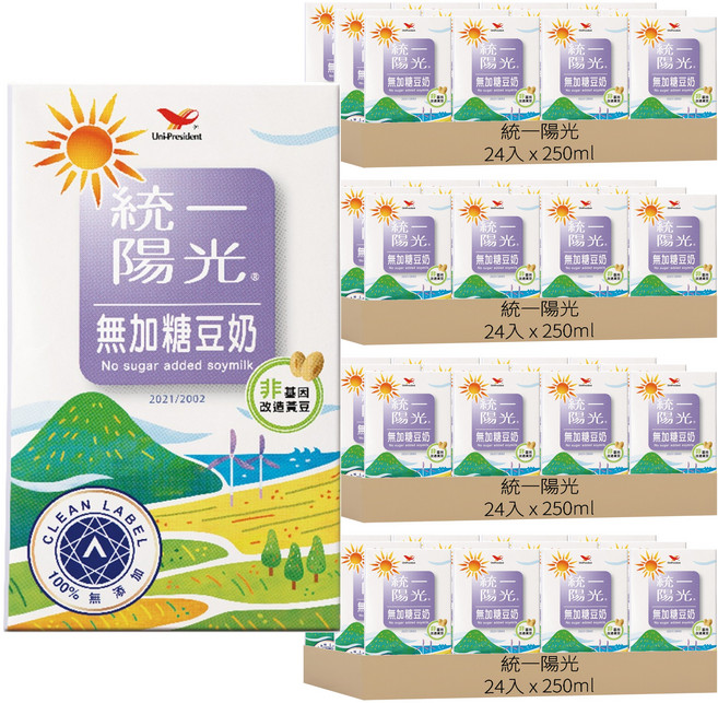 統一陽光 無加糖豆奶, 250ml, 96入