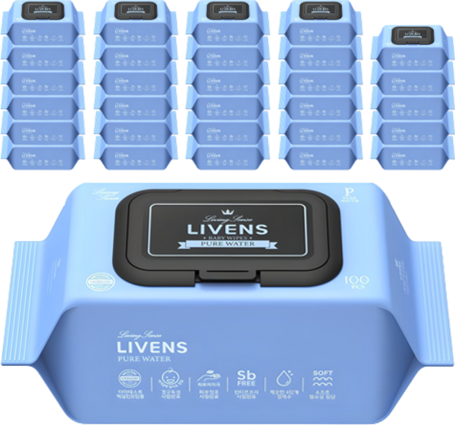 리벤스 퓨어워터 아기물티슈 엠보싱 캡형, 50g, 100매, 50개