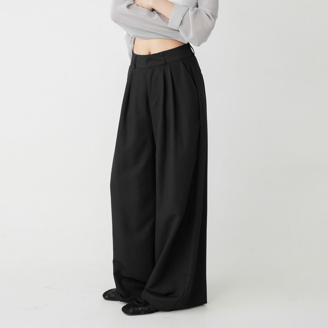 코튼클로젯 여성용 하이웨스트 투핀턱 롱기장 와이드 슬랙스