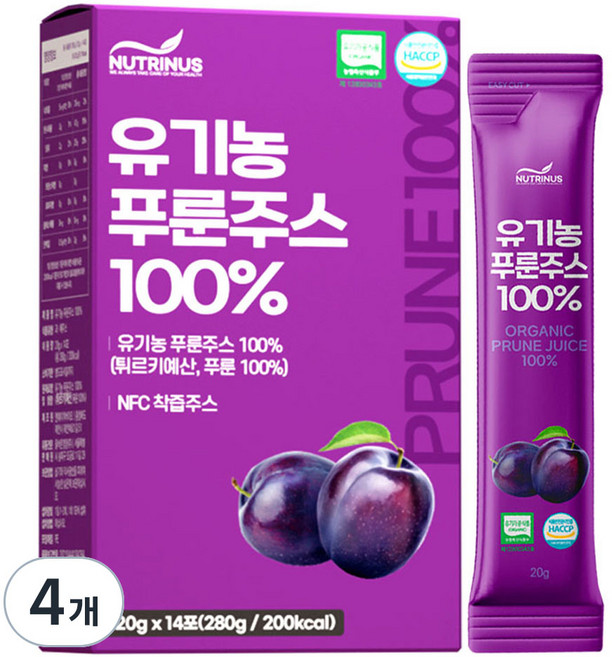 뉴트리너스 유기농 NFC 푸룬주스 100%, 280g, 4개