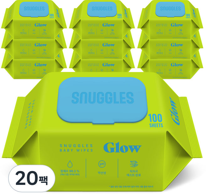 스너글스 글로우 유아용 피부 저자극 인증 고평량 아기물티슈 엠보싱 캡형, 20팩, 80매, 65g