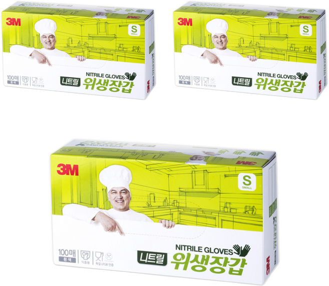 쓰리엠 니트릴 위생장갑 100p, 화이트, S, 3개