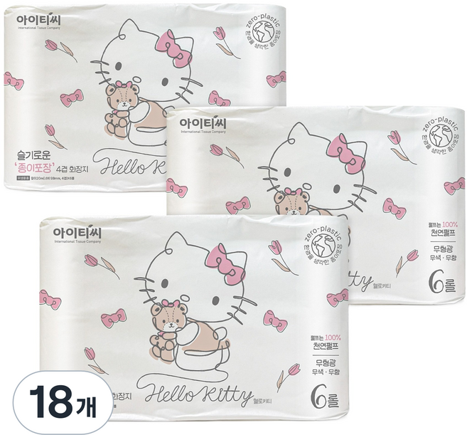 ITC 헬로키티 슬기로운 종이포장 천연펄프 4겹 양면더블데코 고급롤화장지, 20m, 6롤, 18개