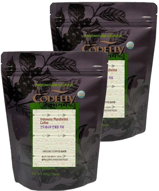 코델리 인도네시아 만델링 원두 분쇄커피, 200g, 커피메이커, 2개