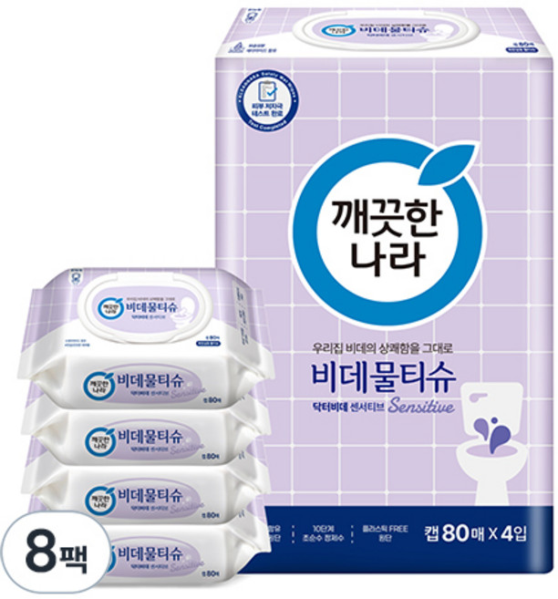깨끗한나라 닥터비데 센서티브 화장실용 비데물티슈 캡형, 55g, 80매, 8개
