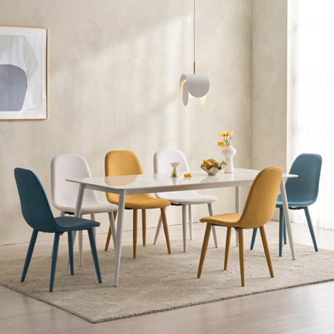 SAF 포코 식탁세트 6인용 1800 식탁 + 의자6p 세트 방문설치, 마블화이트(상판), 화이트(프레임), 아이보리2p(의자), 머스타드2p(의자), 시안2p(의자), 일반의자 6