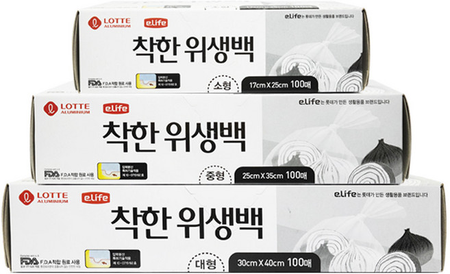 롯데이라이프 착한 위생백 소형 17cm x 25cm 100p + 중형 25cm x 35cm 100p + 대형 30cm x 40cm 100p, 혼합, 1세트