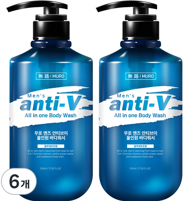 MURO 無路 男士Anti-V多效全身洗髮沐浴露 藍色費洛蒙香, 510ml, 6瓶