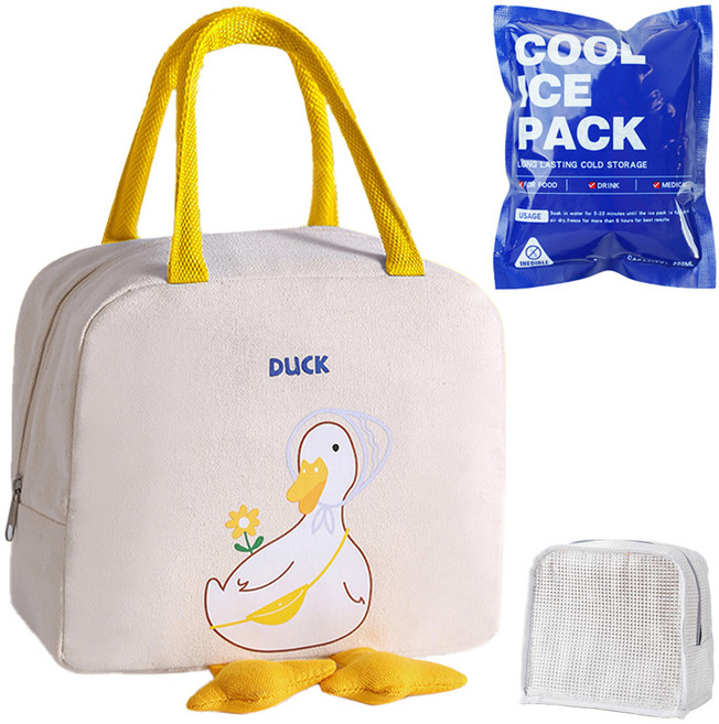 리틀허그 보냉백 귀여운 캐릭터 보온 보냉 도시락 가방 + 아이스팩, 베이지 오리