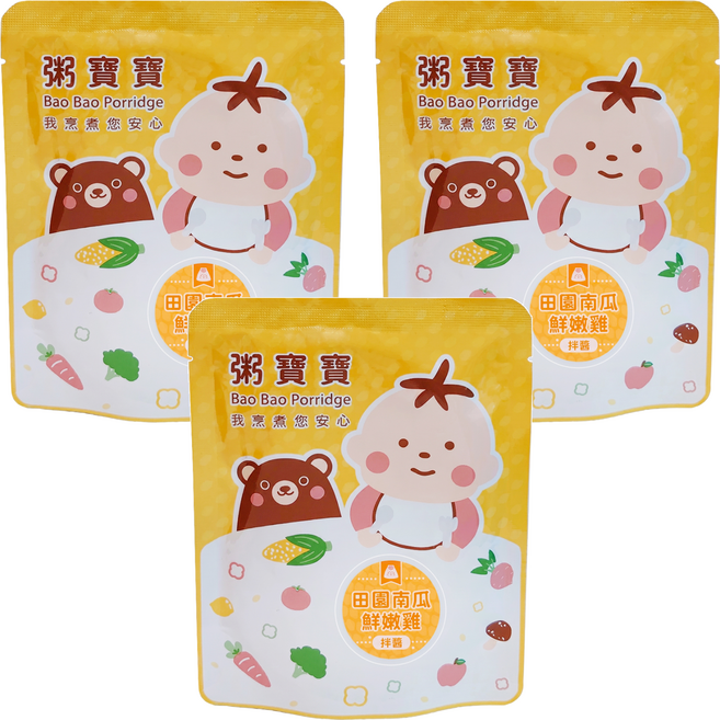 粥寶寶 無毒農 田園南瓜鮮嫩雞 12個月以上, 120g, 3包