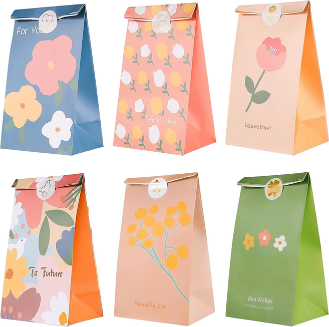 indi.k 綻放花朵紙袋 6入 + 貼紙 6入組, 1組, 盛開花朵