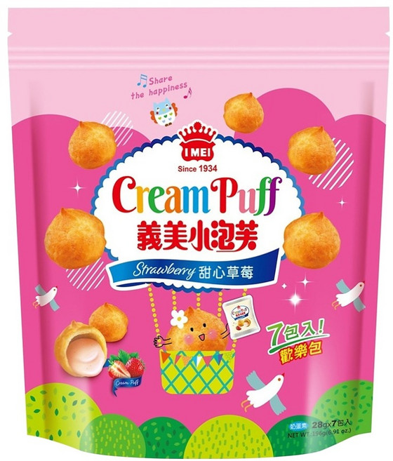 義美 小泡芙歡樂包 甜心草莓, 196g, 1袋