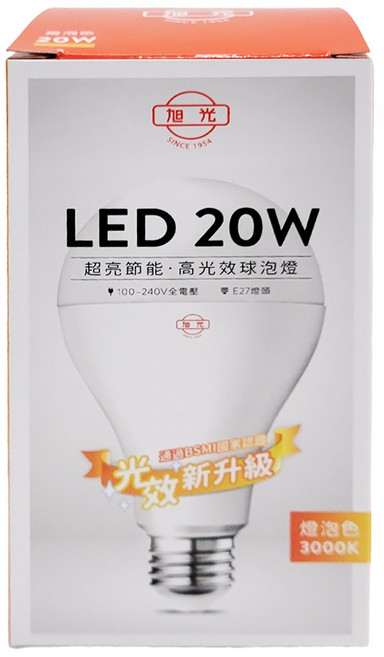 旭光 LED 燈泡 20W, 黃光, 1個