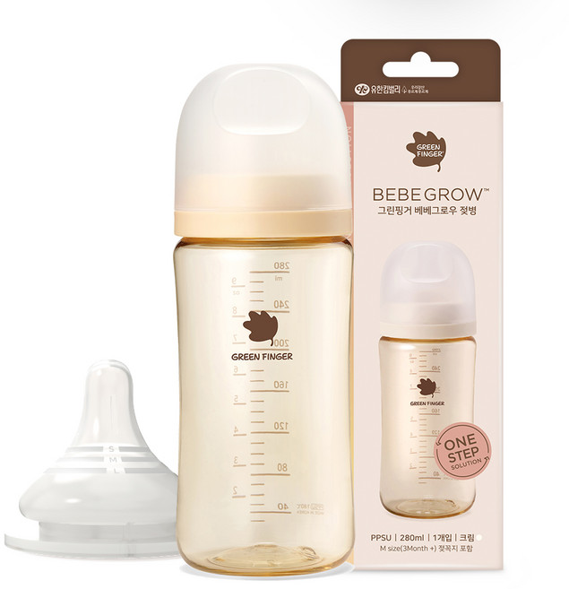 베베그로우 젖병 + 젖꼭지 1팩 M 3~6개월, 오리지널(크림), 280ml, 1개