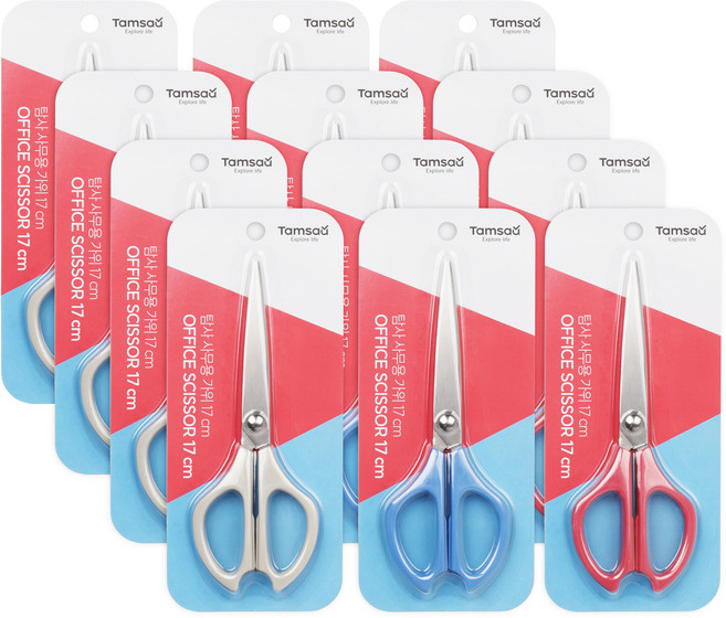 탐사 사무용 가위 17cm 12개입 세트, 화이트, 핑크, 블루, 1세트