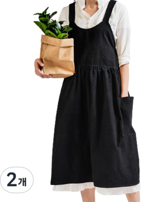 젊은이마켓 린넨 에이프런 앞치마, 블랙, 2개