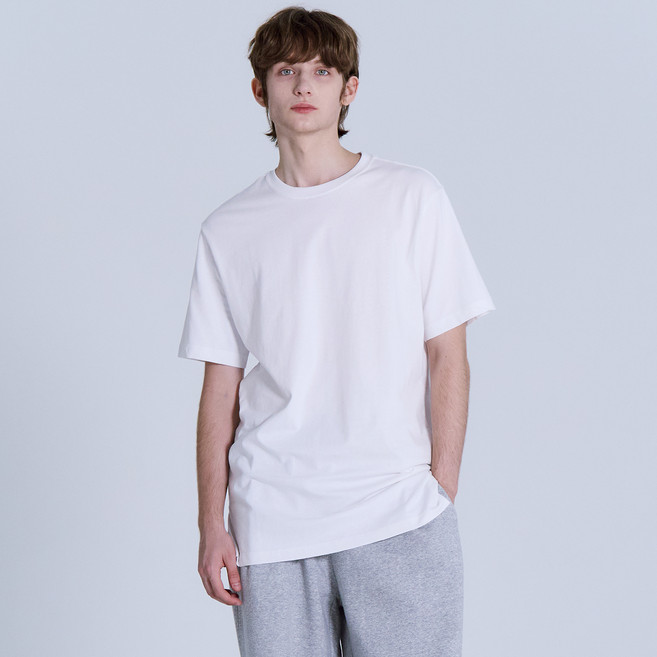 베이직하우스 남녀공용 통기성 기본 롱 레이어드 반팔 면티셔츠 LATS0106