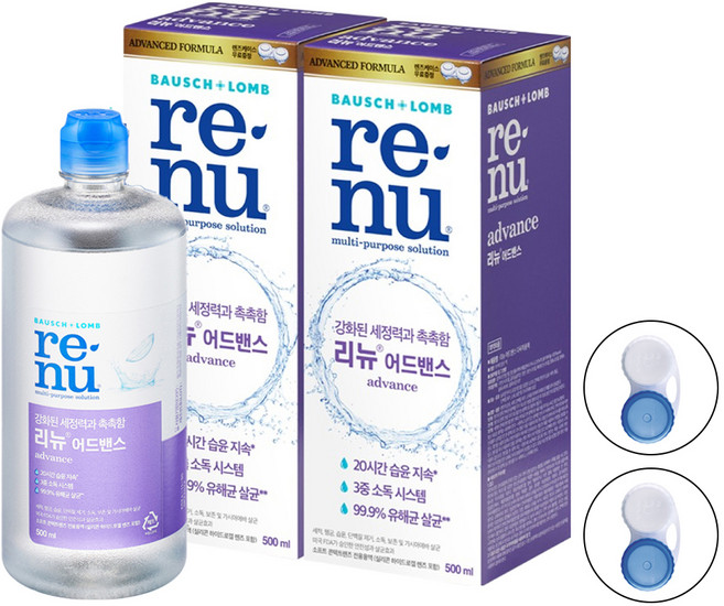 리뉴 어드밴스 렌즈 세정액 + 케이스 1p, 500ml, 2세트