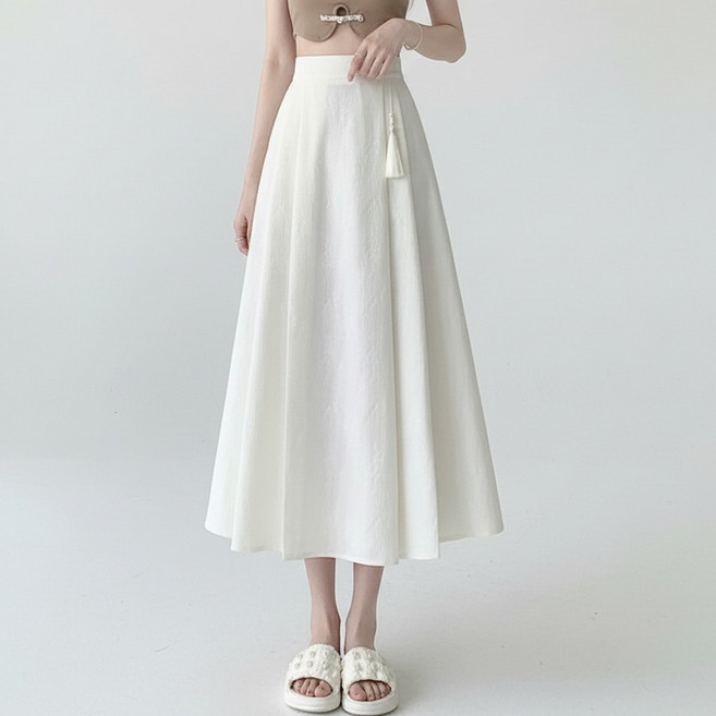 마켓피아 여성용 밴딩 포인트플리츠 롱 스커트