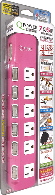 Tyson 太順電業 QPOWER 太超值 7開6插延長線插座 3孔 TS-376A, 1.8m, 洋紅色, 1條