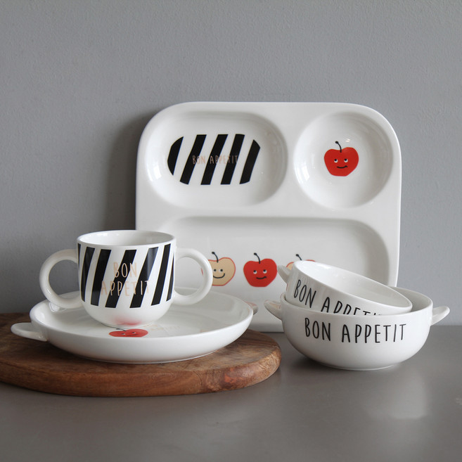 DOHO 디보나 유아 식기세트, 애플, 핸디플레이트+트레이+머그+핸디볼S+핸디볼M, 1세트
