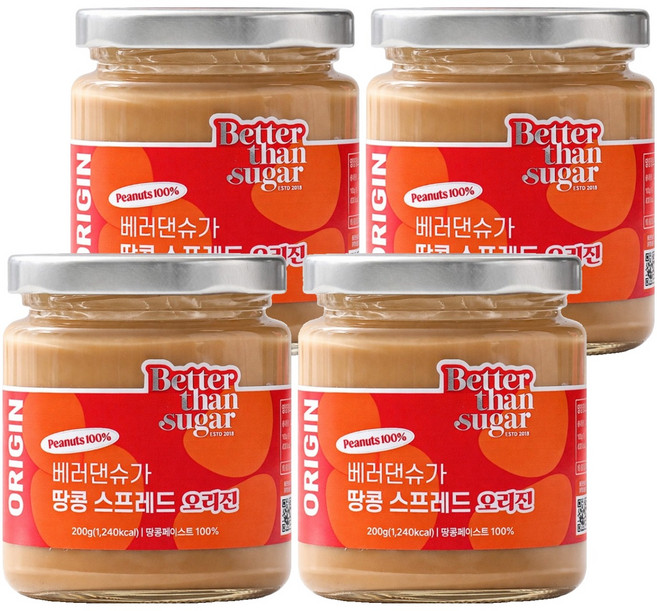 베러댄슈가 땅콩 스프레드 오리진, 4개, 200g