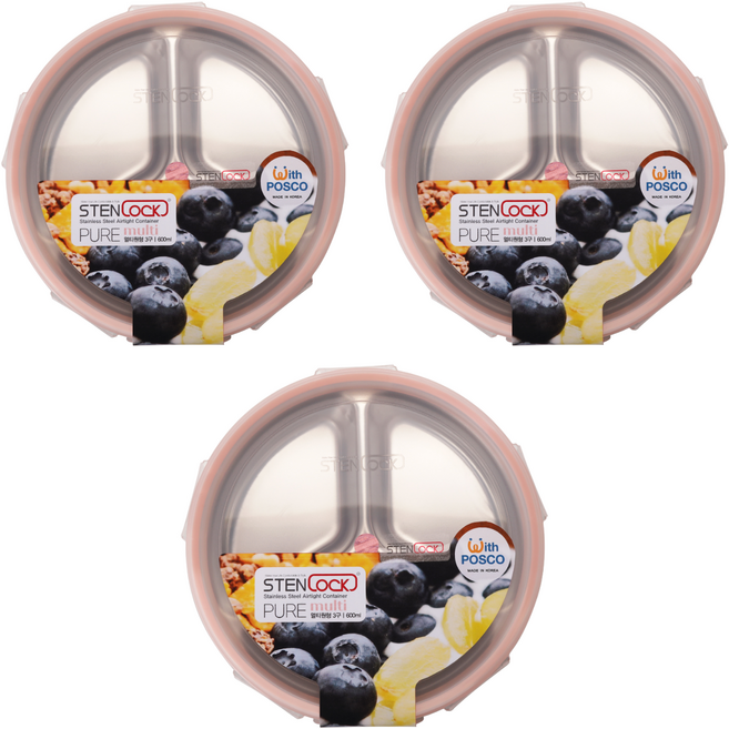 스텐락 퓨어 멀티 원형 3호 밀폐용기 3구, 3개, 600ml