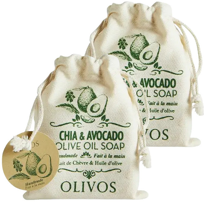 OLIVOS 奧莉芙的橄欖手工皂 橄欖油手工皂 附隨身束口袋 西班牙鼠尾草籽 + 酪梨, 150g, 2個