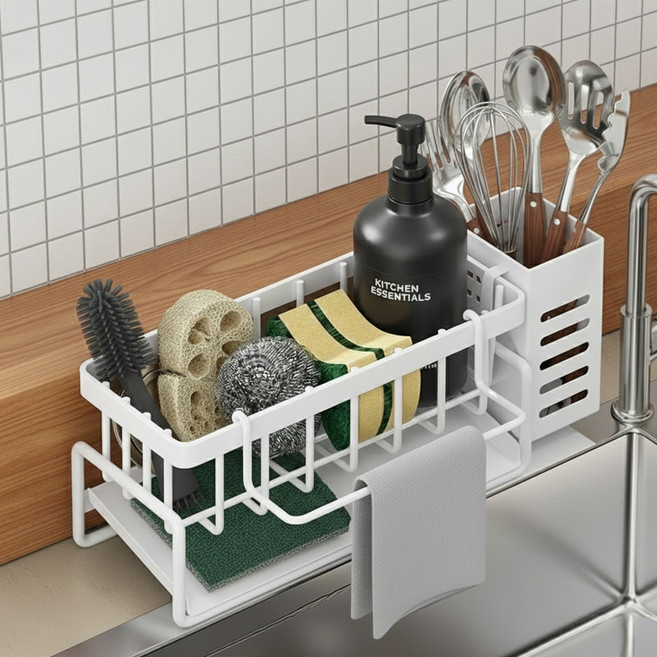 셀리빙 자동 물빠짐 주방 수저 수납통 수세미 거치대, 화이트, 1개