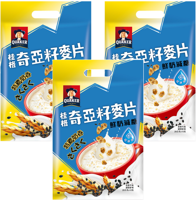 QUAKER 桂格 奇亞籽麥片 特濃鮮奶減糖, 280g, 3袋
