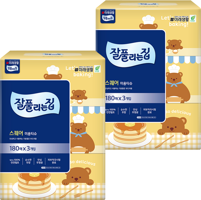 잘풀리는집 스퀘어 천연펄프 미용티슈 2겹, 6개, 180매