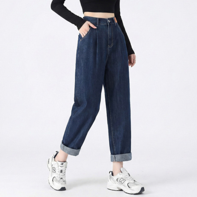파라다이소 여성용 편안한 하이웨스트 밴딩 배기핏 데님 팬츠
