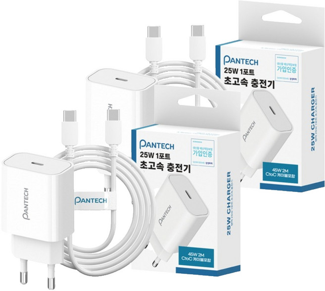 팬택 25W C타입 PD PPS 초고속 충전기 + 45W C to C 케이블 세트, 2세트, 화이트