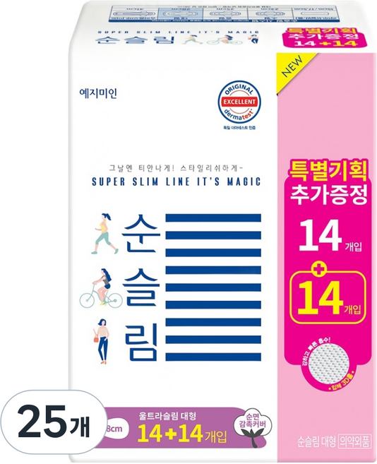 예지미인 뉴 순슬림 생리대 날개형, 대형, 28개입, 25개