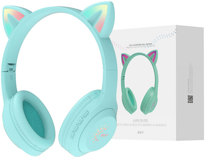 SKY 아동용 핏 키티 휴대용 유무선 겸용 블루투스 헤드셋, 페퍼민트 그린, IM-H26