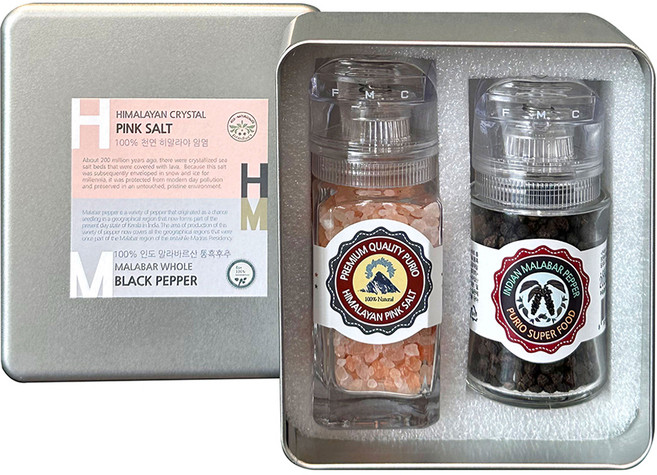 푸리오 히말라야 크리스탈 핑크소금 그라인더 100g + 인도 말라바르산 통흑후추 그라인더 35g, 1세트