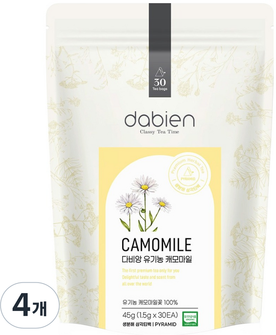 다비앙 유기가공식품 인증 캐모마일 차 티백, 1.5g, 30개입, 4개