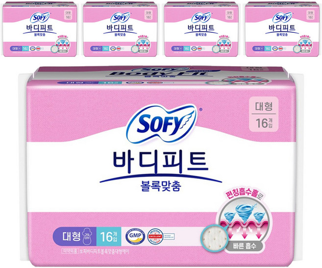 바디피트 볼록맞춤 생리대 날개형, 대형, 16개입, 5개