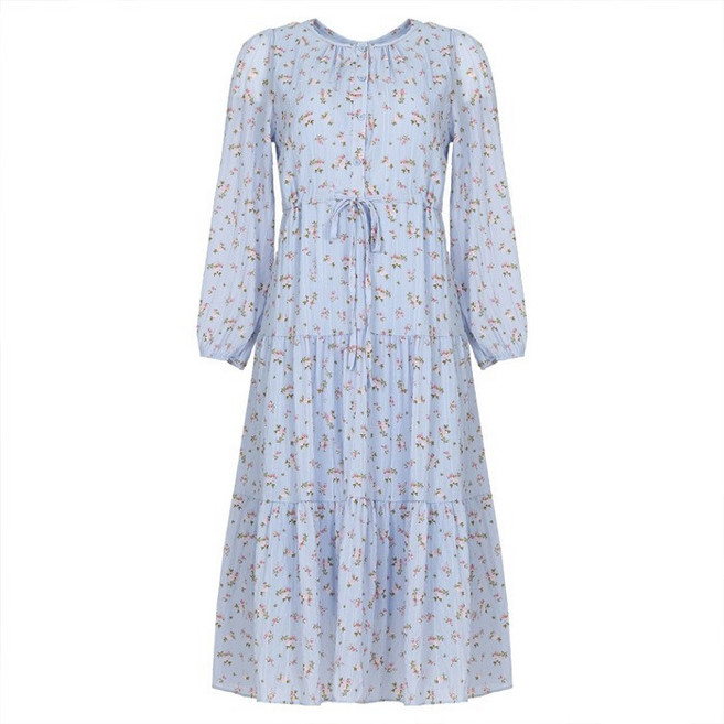 BURU N JUDY 女款碎花抓皺鈕扣連身裙 BOSCDR501B, 天藍色