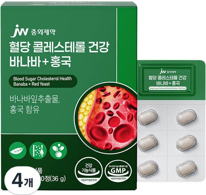 JW중외제약 혈당 콜레스테롤 건강 바나바 홍국 36g, 4개, 60정 - 쿠팡