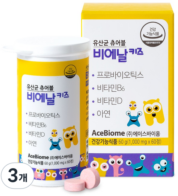 에이스바이옴 비에날 키즈 유산균 츄어블 60g, 60정, 3개