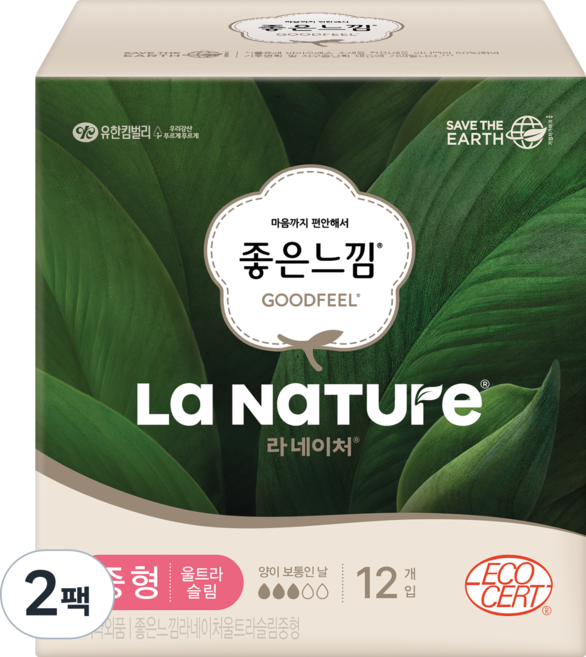 라네이처 좋은느낌 울트라 슬림 생리대, 중형, 12개입, 2개