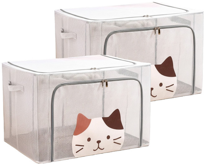 TengYue 超大透明防水雙開收納箱 萌貓款 66L, 灰色, 2個